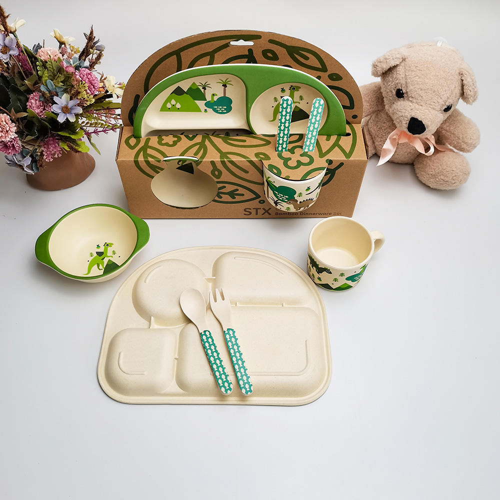 Juego de vajilla para niños de fibra de bambú con estampado animal ligero y respetuoso con el medio ambiente de 5 piezas