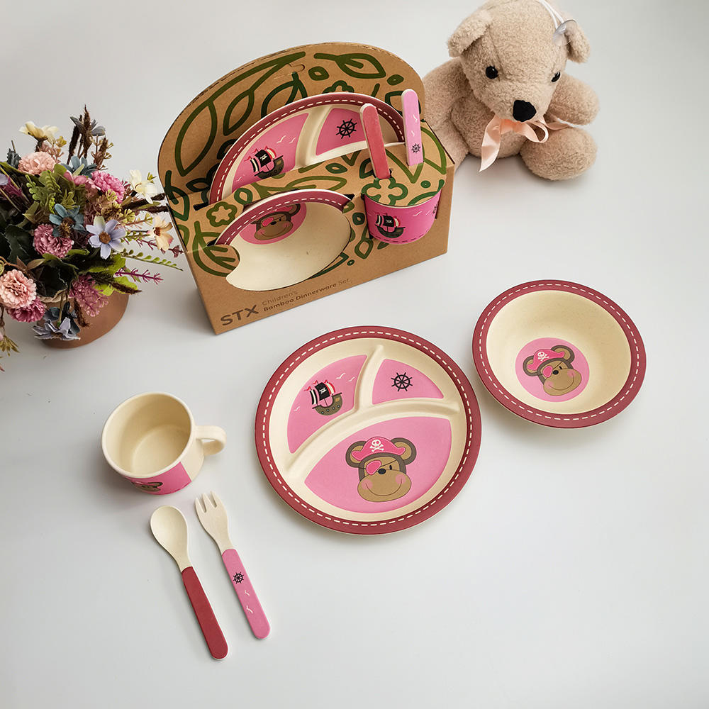 Juego de vajilla para niños de fibra de bambú con platos de bebé de dibujos animados rosa
