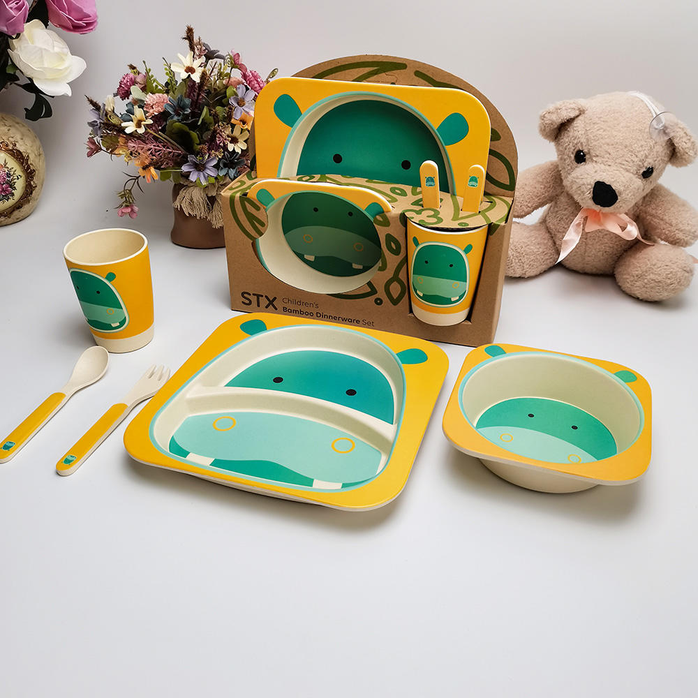 Juego de vajilla con patrón de hipopótamo de dibujos animados, juego de vajilla de plástico para niños, caja de regalo para bebé