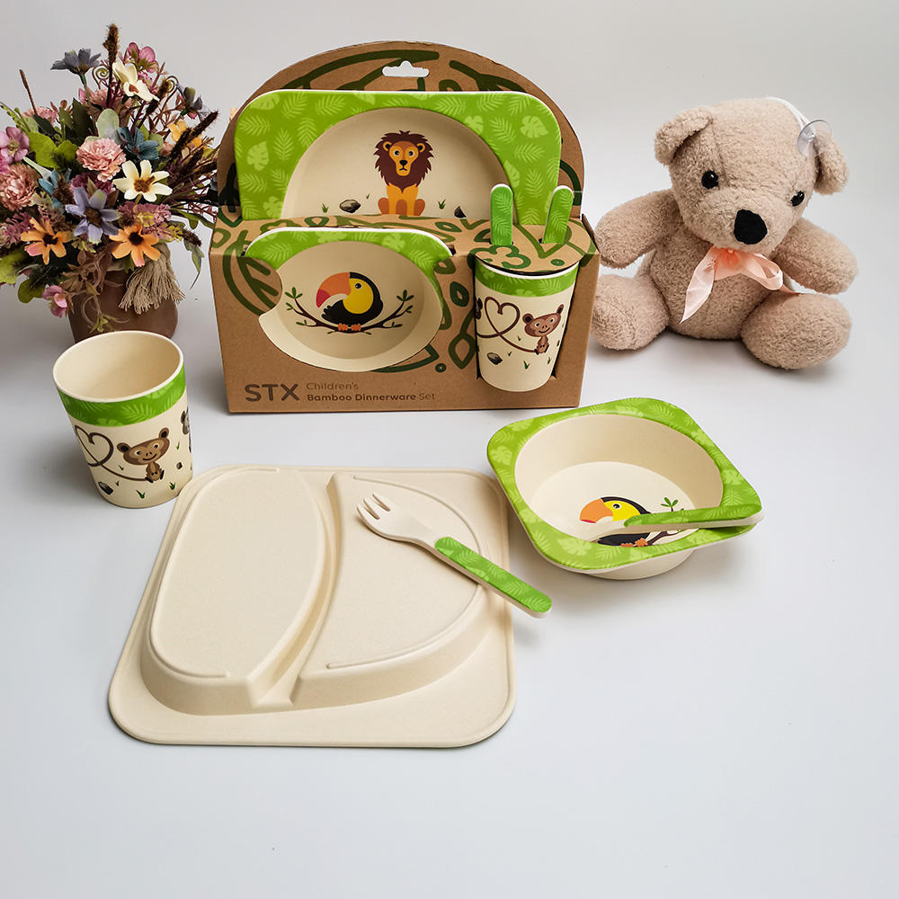 Juego de vajilla de animales de fibra de bambú para niños, combinación de dibujos animados con tazón, taza y plato