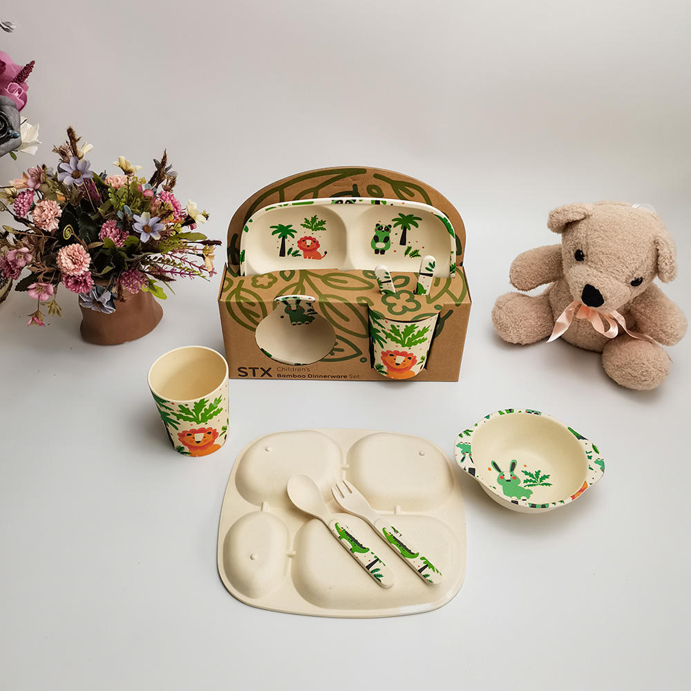 Compatible con patrones personalizados, juego de alimentación de vajilla para niños de fibra de bambú de 5 uds.