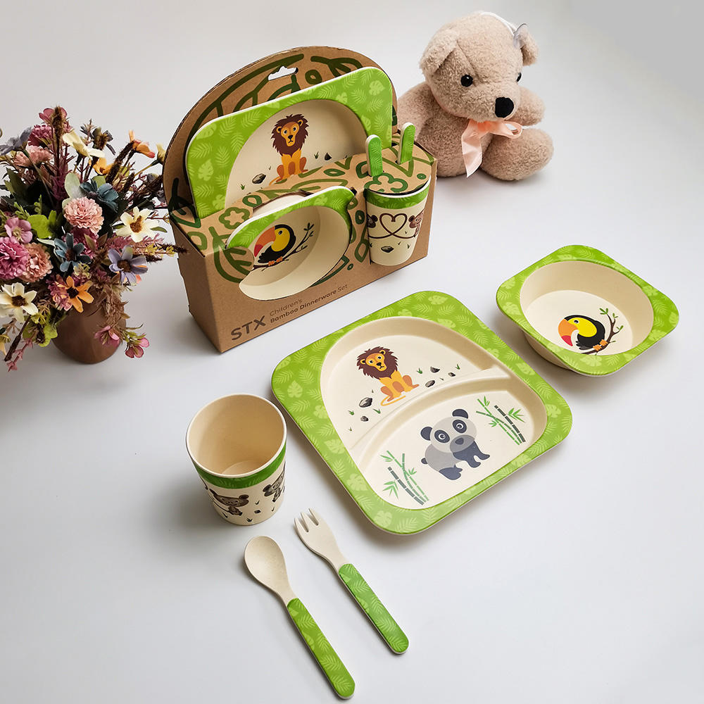 Juego de vajilla de animales de fibra de bambú para niños, combinación de dibujos animados con tazón, taza y plato