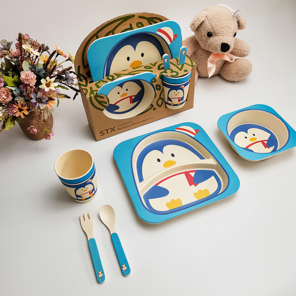 Patrón de pingüino de animales de dibujos animados 5 piezas Juego de regalo lindo Juego de vajilla Pla Niños