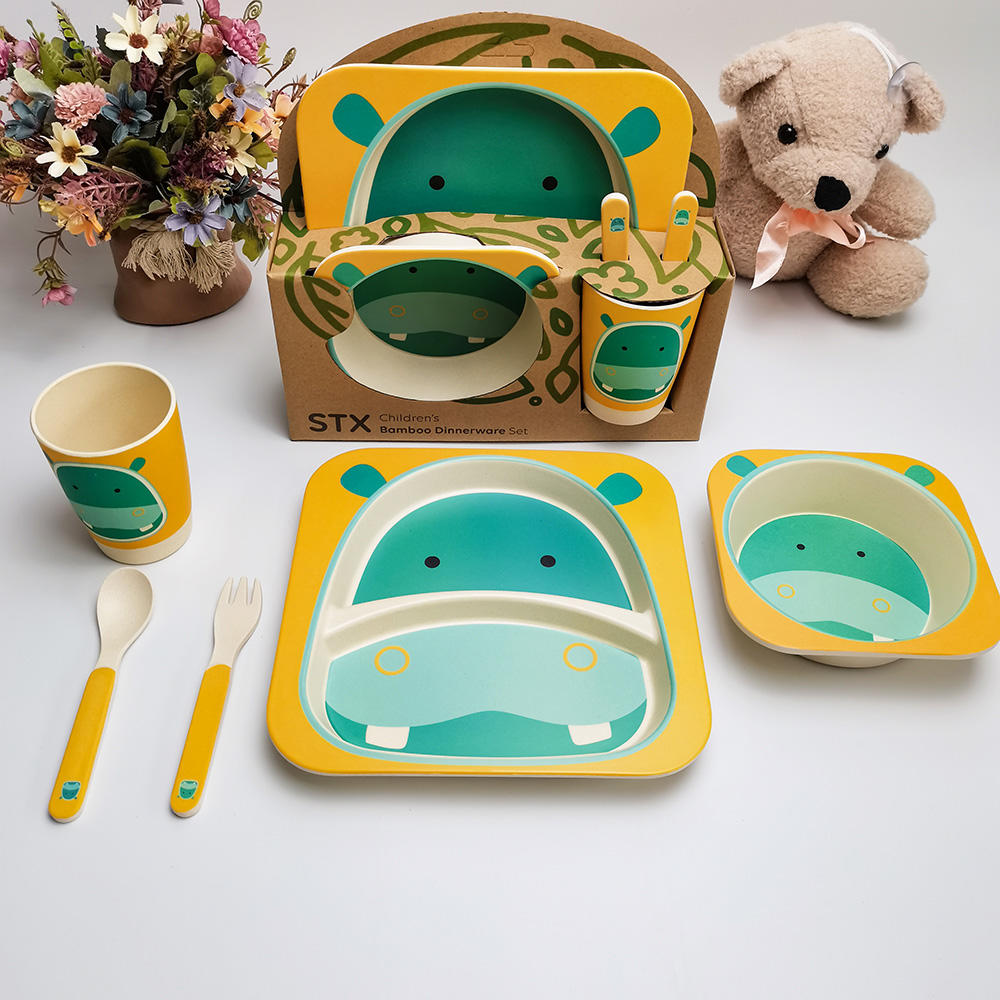 Juego de vajilla con patrón de hipopótamo de dibujos animados, juego de vajilla de plástico para niños, caja de regalo para bebé