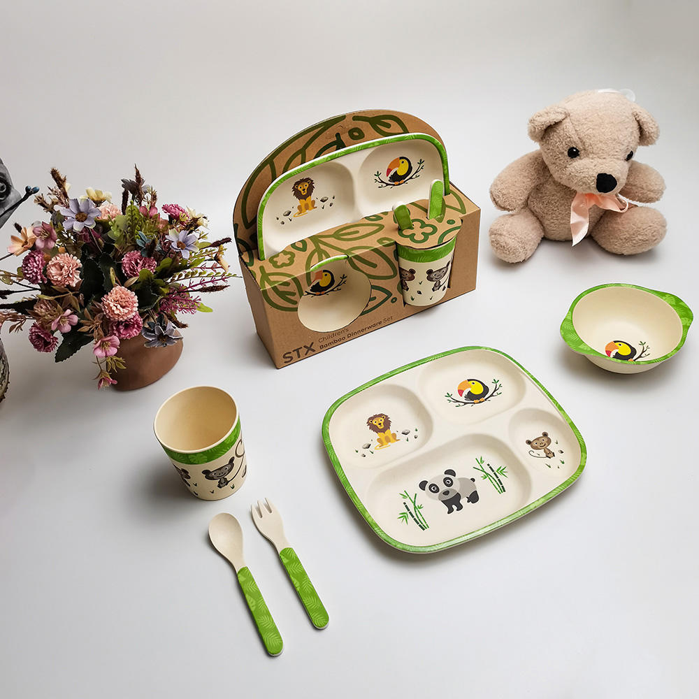 Sistema lindo al por mayor del plato del servicio de mesa del niño del servicio de mesa de la fibra de bambú del estampado animal