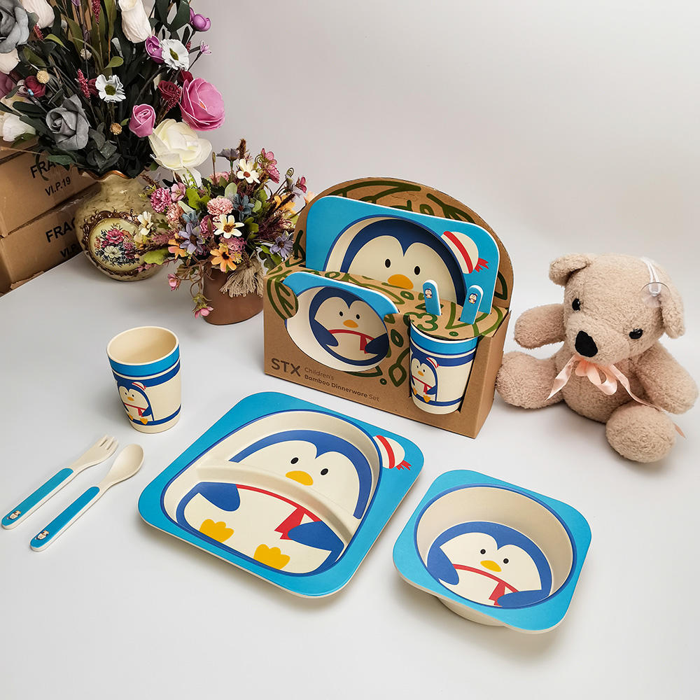 Patrón de pingüino de animales de dibujos animados 5 piezas Juego de regalo lindo Juego de vajilla Pla Niños