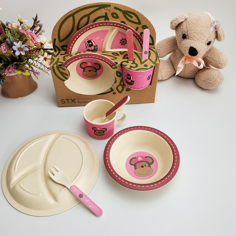 Juego de vajilla para niños de fibra de bambú con platos de bebé de dibujos animados rosa